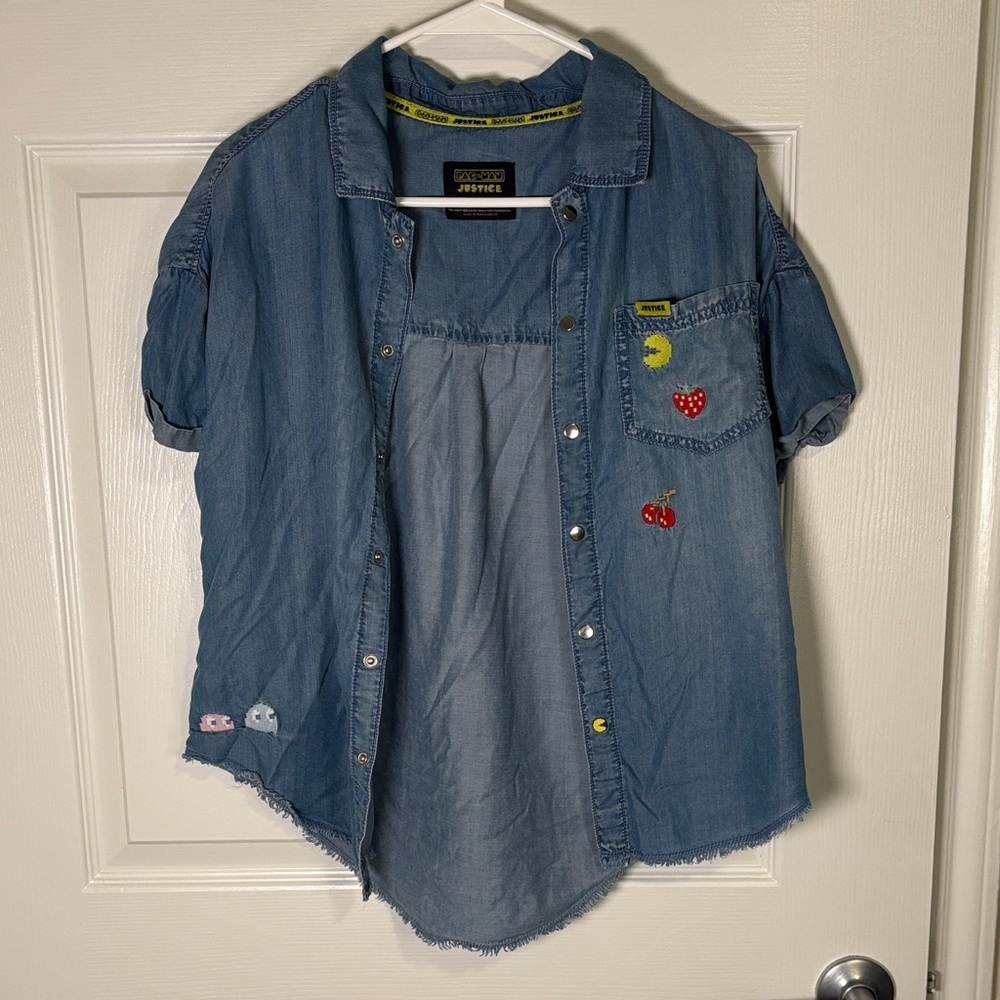PAC-MAN Justice Denim Button Up Shirt Girls L 12/14 Retro Gamer Y2K Chambray